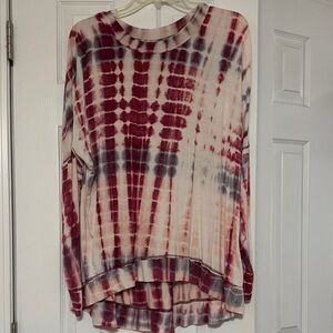 Tie-Dye Long Sleeve Oversized Top - Red and Gray